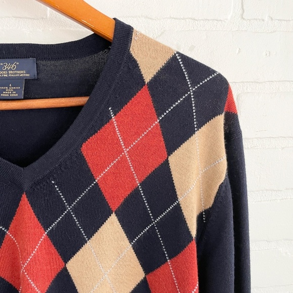346 Brooks Brothers Men’s Knit Sweater Merino wool Argyle Navy blue Tan Orange L - Picture 4 of 11